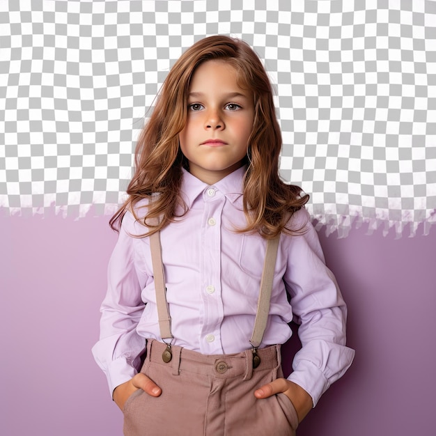 A reluctant preschooler boy with long hair from the nordic ethnicity dressed in geographer attire poses in a one shoulder forward style against a pastel lilac background