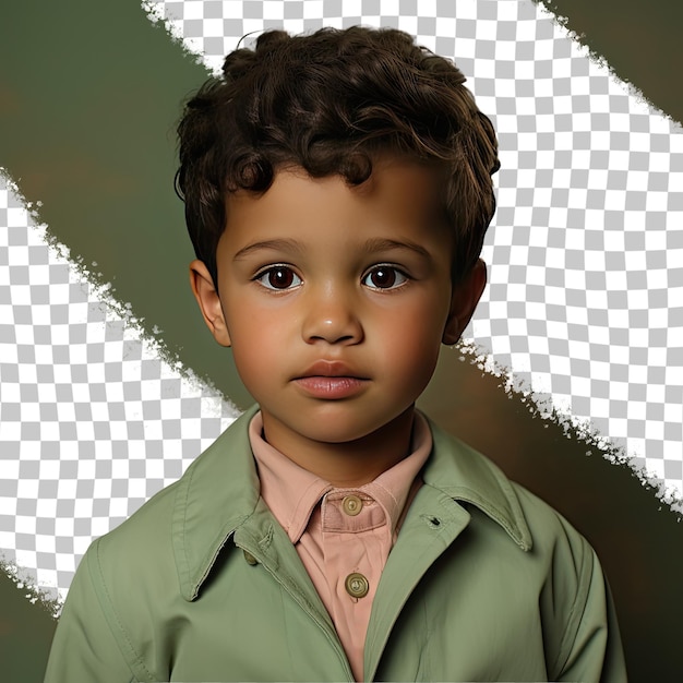 PSD a reluctant preschooler boy with short hair from the south asian ethnicity dressed in forester attire poses in a gentle hand on cheek style against a pastel green background