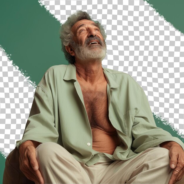 PSD reluctant senior man kinky hair middle eastern ethnicity watching movies at home seated hand raised pastel green background