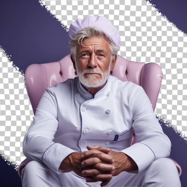 PSD a reluctant senior man with short hair from the nordic ethnicity dressed in chef attire poses in a graceful floor seating style against a pastel periwinkle background