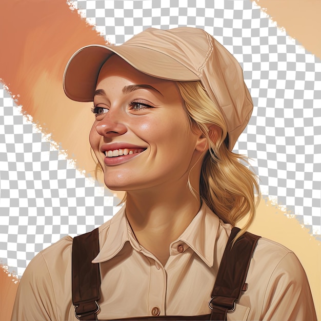 PSD a remorseful adult woman with blonde hair from the nordic ethnicity dressed in miner attire poses in a eyes closed with a smile style against a pastel cream background