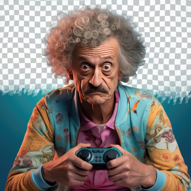 PSD a remorseful senior man with curly hair from the uralic ethnicity dressed in video gaming on consoles attire poses in a looking over the shoulder style against a pastel turquoise background