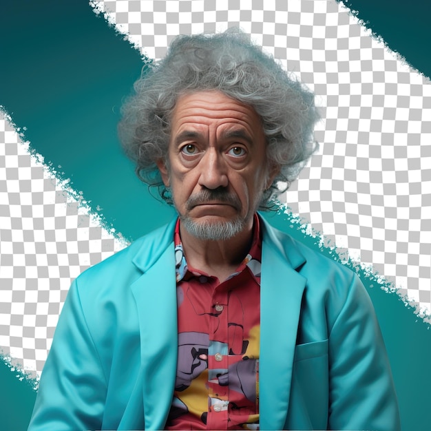 PSD a remorseful senior man with curly hair from the uralic ethnicity dressed in video gaming on consoles attire poses in a looking over the shoulder style against a pastel turquoise background