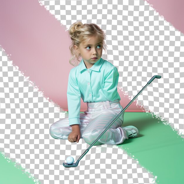 A remorseful toddler woman with blonde hair from the hispanic ethnicity dressed in playing golf attire poses in a graceful floor seating style against a pastel mint background