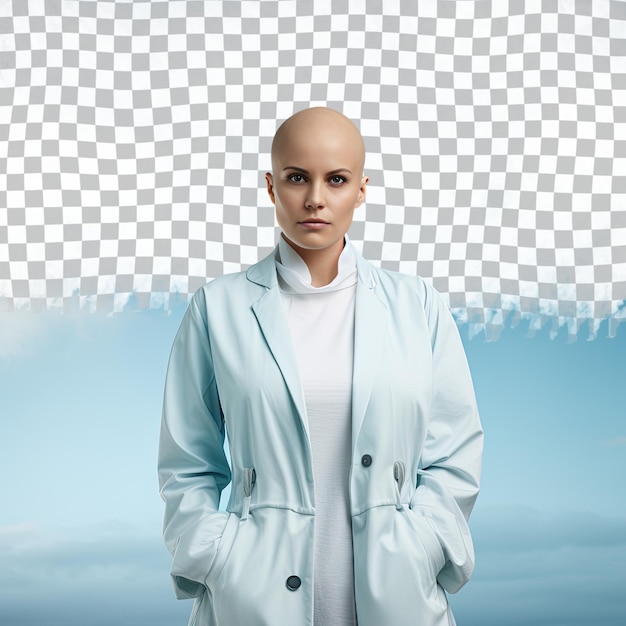 A remorseful young adult woman with bald hair from the nordic ethnicity dressed in biotechnologist attire poses in a standing with crossed ankles style against a pastel sky blue background