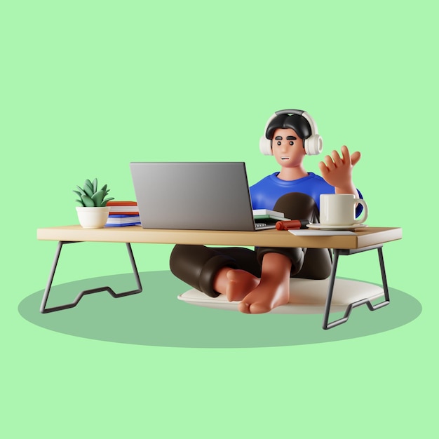 Remotewerker met een laptop, koptelefoon en koffie