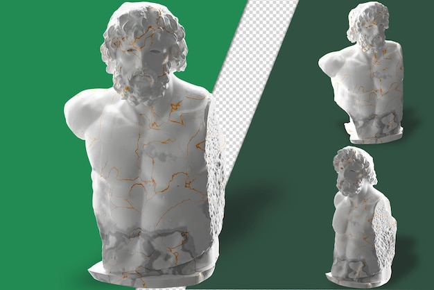 Renaissance geïnspireerde 3d render van torso asklepios standbeeld goud en wit marmer