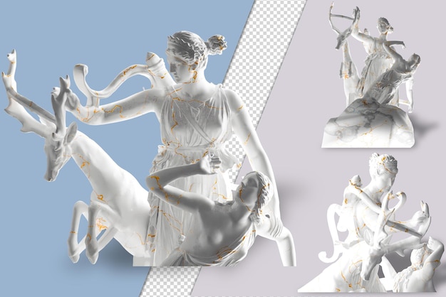 Statua d'oro rinascimentale di artemide e ifigenia resa 3d perfetta per le copertine degli album di moda