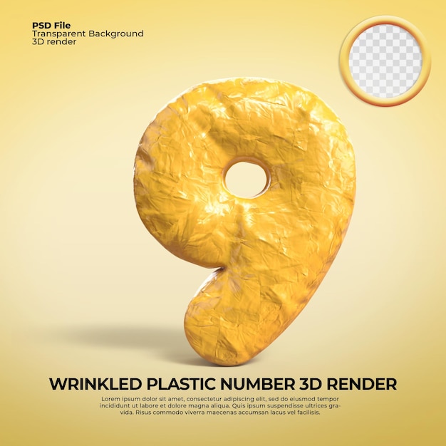 Render 3D pomarszczony plastik numer 9 żółty Kolor