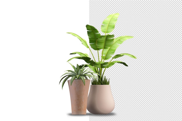 孤立した植物の金属ポットの等角投影正面図のレンダリング