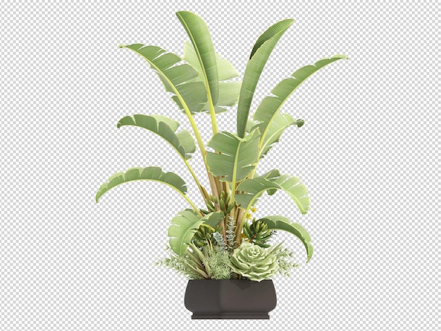 PSD render van geïsoleerde plant metaal pot isometrische front view transparante achtergrond