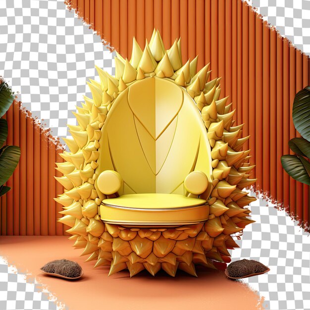 Rendered 3d durian fruit on golden king s throne against transparent background