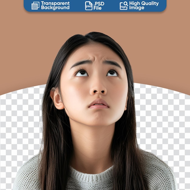 PSD immagine di una giovane donna asiatica con un'espressione preoccupata.