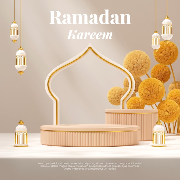 Визуализация 3d пустой макет коричневого подиума в квадратном цветке мимозы и арабской лампе рамадан карим