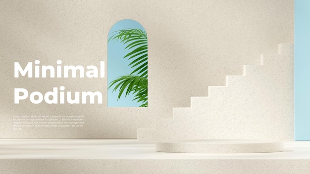 Rendering 3d blank mockup ceramic texture podium in landscape blue accent and green palm plant