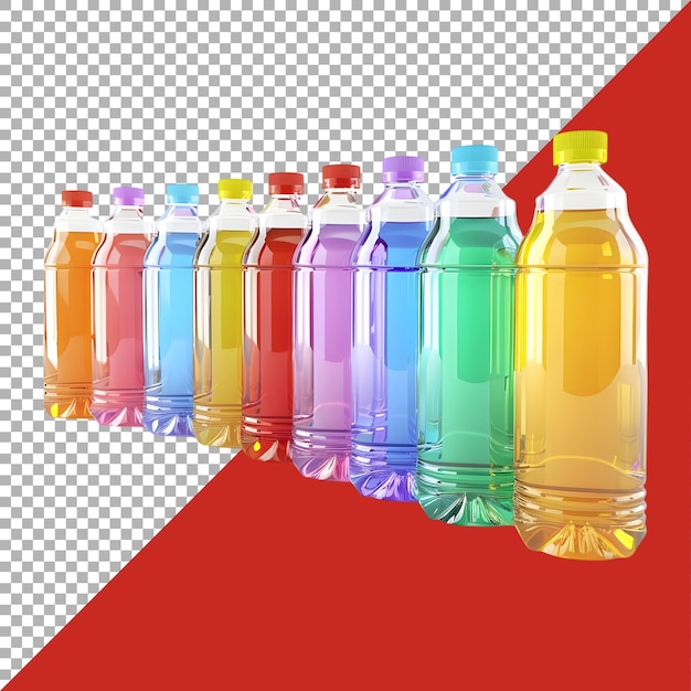 PSD rendering 3d kolorowych butelek z wodą w rzędzie na przezroczystym tle