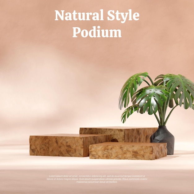 rendering 3d lege scène vierkant houten podium in vierkant met groene potplant