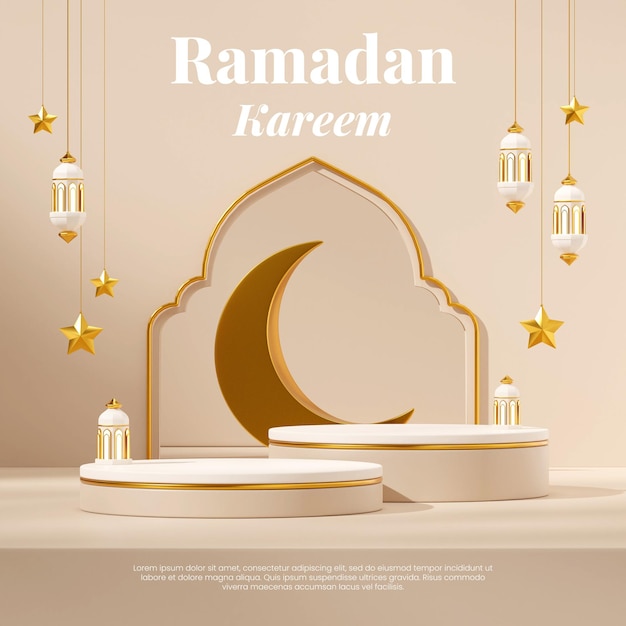 PSD rendering 3d mockup template white and gold podium in square lamp, moon, and stars ramadan kareem