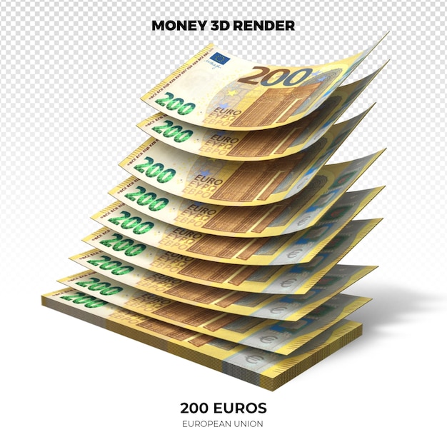 PSD rendering 3d stosów banknotów 200 euro w pieniądzach unii europejskiej