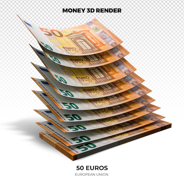 PSD rendering 3d stosów banknotów 50 euro w pieniądzach unii europejskiej