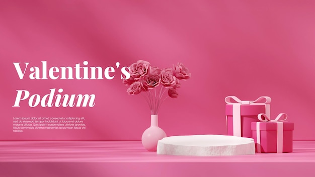 Rendering modello 3d mockup struttura in pietra bianca podio nel paesaggio rosa rosa e confezione regalo