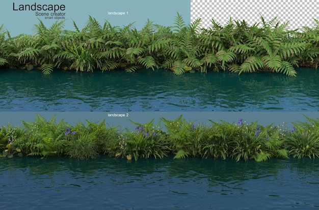 PSD rendering aranżacji krajobrazu roślin nad wodą