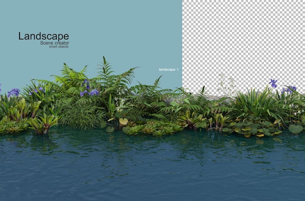 PSD rendering aranżacji krajobrazu roślin nad wodą