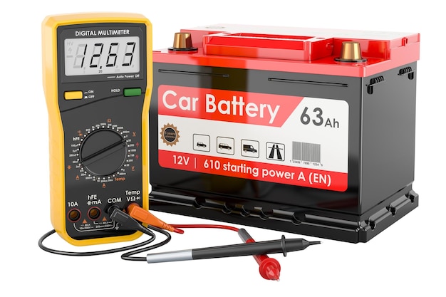 PSD rendering cyfrowy multimetru i akumulatora samochodowego w 3d wyizolowany na przezroczystym tle