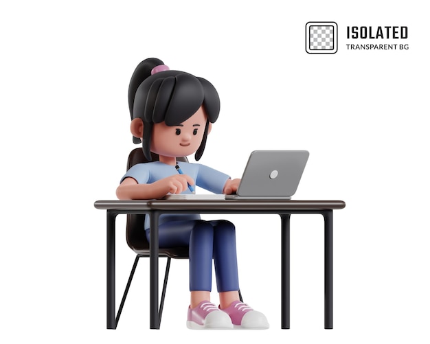 Rendering postaci 3D młodej dziewczyny pracującej na laptopie przy biurku podczas pisania notatek