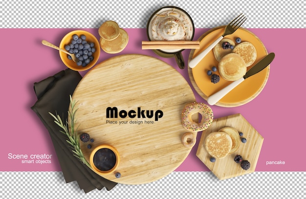 Rendering che mostra una composizione equilibrata di mockup di cibi e dolci