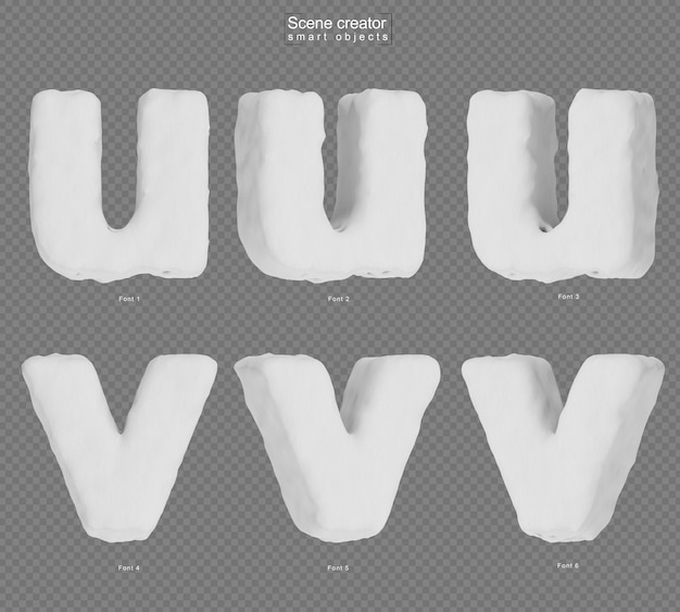 PSD rendering of snow alphabet u and alphabet v