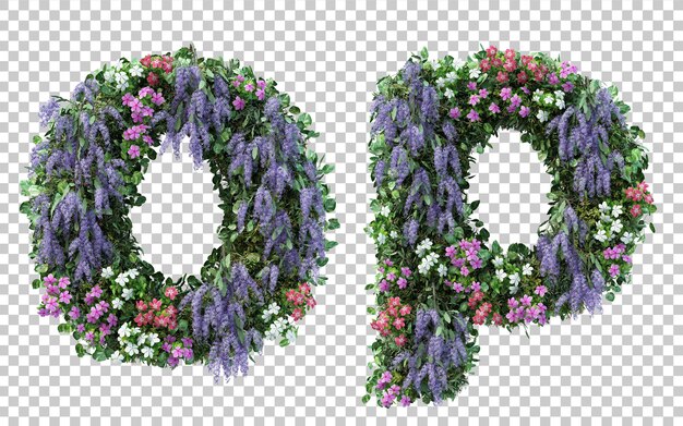 Rendering of vertical flower garden alphabet o and alphabet p isolated