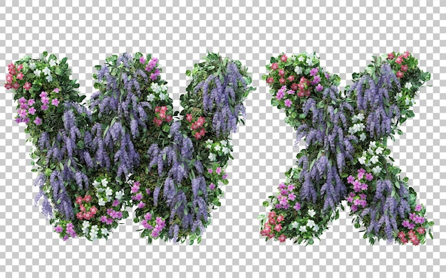 Rendering of vertical flower garden alphabet w and alphabet x isolated