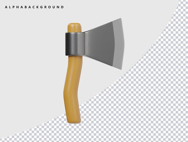 Renderowana w 3D siekiera z drewnianą uchwytką na tle alfa