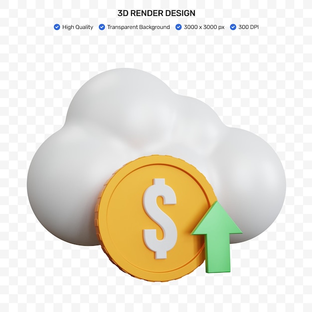 Renderowania 3d chmura biała z monetą dolara i zieloną strzałką w górę na białym tle