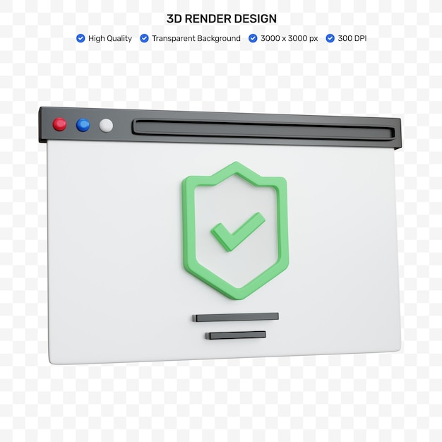 Renderowania 3d Ciemna Przeglądarka Internetowa Z Zaznaczoną Zieloną Tarczą Na Białym Tle