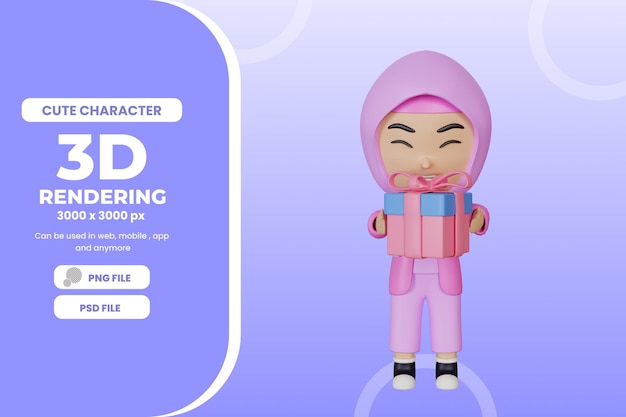 PSD renderowania 3d ilustracja postaci słodkiej dziewczyny z pudełkiem prezentowym premium psd