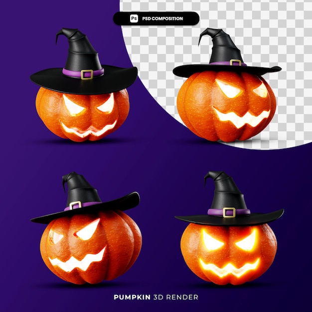 PSD renderowania 3d latarni z dyni jacks w kapeluszu czarownicy halloween koncepcja z różnym kątem na białym tle