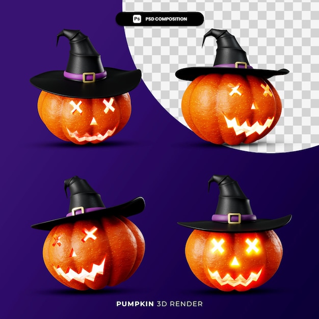 Renderowania 3d Latarni Z Dyni Jacks W Kapeluszu Czarownicy Halloween Koncepcja Z Różnym Kątem Na Białym Tle