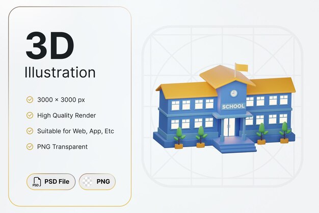 PSD renderowania 3d niebieski budynek szkoły kąt lewy koncepcja nowoczesny design