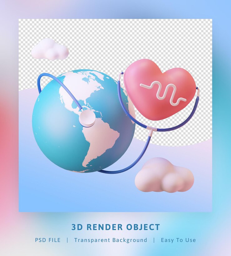 PSD renderowania 3d światowy dzień zdrowia z planetą, miłością i stetoskopem