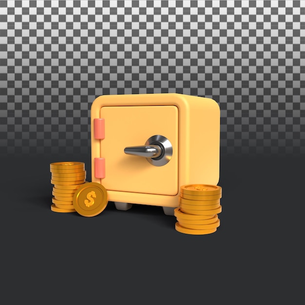Renderowania 3D żółty sejf z monetą na przezroczystym tle. Ilustracja renderowania 3D.