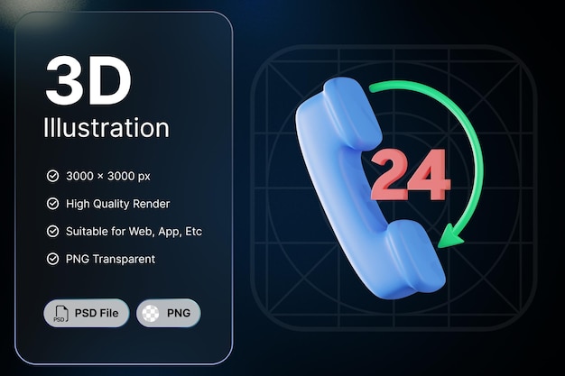 PSD renderowanie 3d 24 godziny usługa komunikacja koncepcja nowoczesna ikona ilustracje design
