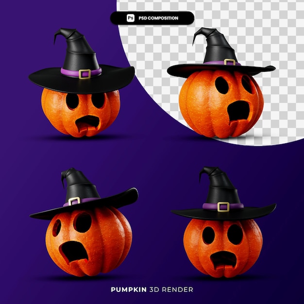 Renderowanie 3d Dyni Jacks W Kapeluszu Czarownicy Halloween Koncepcja Z Różnym Kątem Na Białym Tle