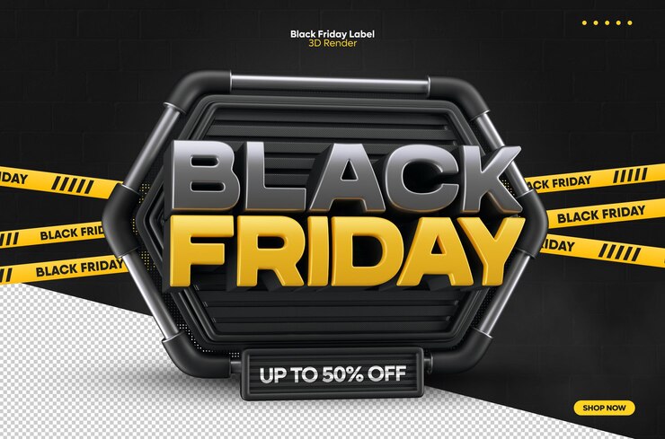 PSD renderowanie 3d etykiety black friday do 50% taniej