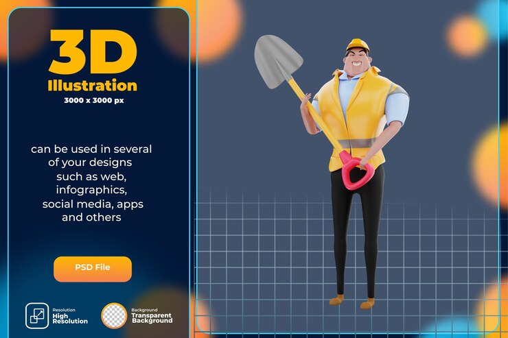 PSD renderowanie 3d ilustracji postaci inżynierskiej