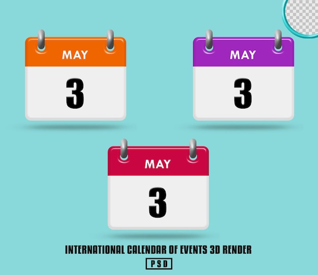 PSD renderowanie 3d kolekcji międzynarodowych wydarzeń w kalendarzu