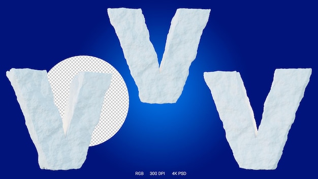 PSD renderowanie 3d litery v w kształcie i stylu lodowca, na przezroczystym tle