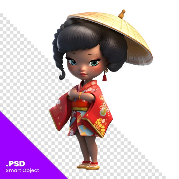 PSD renderowanie 3d małej azjatyckiej dziewczyny z tradycyjną sukienką kimono szablon psd