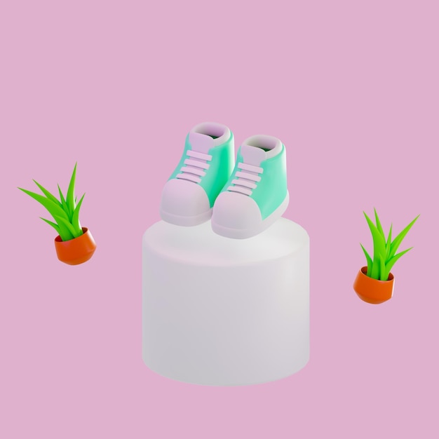 Renderowanie 3D minimalnych butów lub trampek na wystawie dla makiety i rośliny
